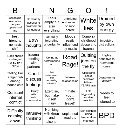 BPD Bingo Card