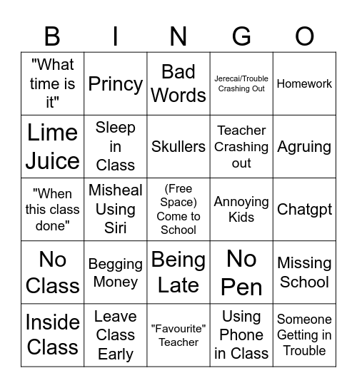 School Bingo Card