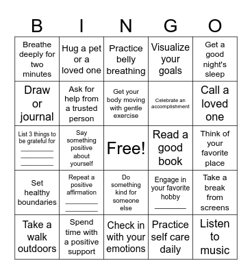 Mindfulness Bingo Card
