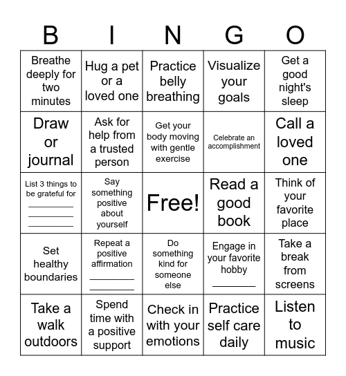 Mindfulness Bingo Card