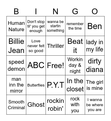 Michael Jackson Bingo Card