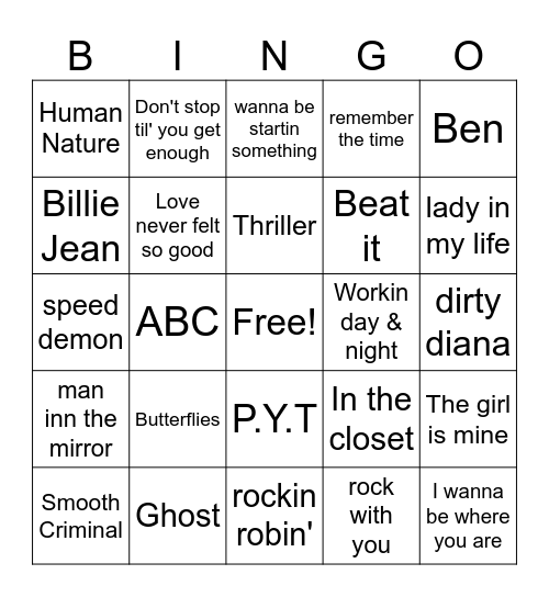 Michael Jackson Bingo Card