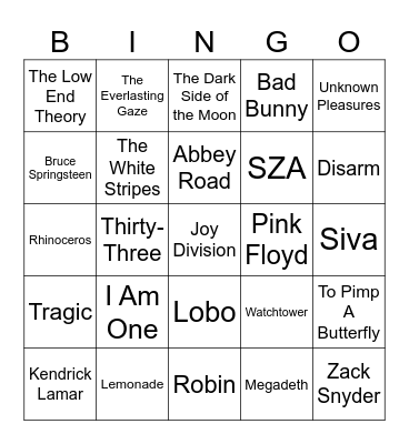 Album Covers, Smashing Pumpkins, & DC Comics Bingo Card