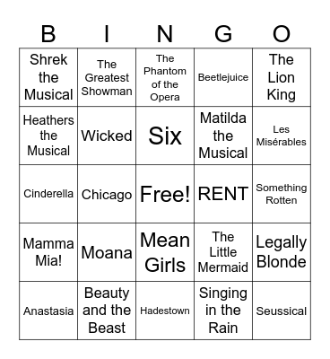 Broadway Musicals Bingo Card