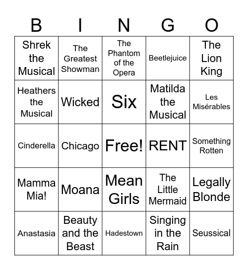 Broadway Musicals Bingo Card