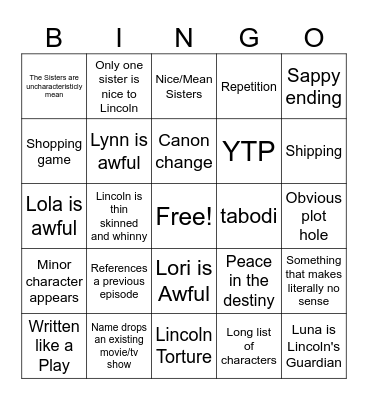Loud House Fanic Bingo Card