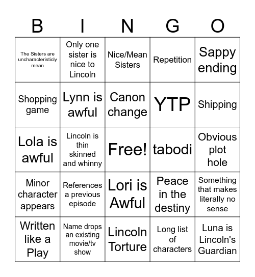 Loud House Fanic Bingo Card
