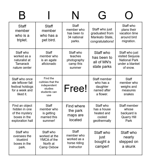 Get to know Quarry Hill Staff Bingo Card