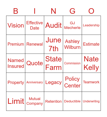 State Farm Bingo Card