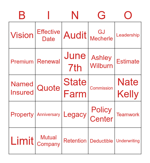 State Farm Bingo Card