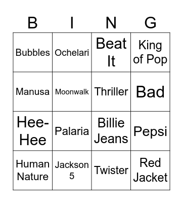 MICHAEL Jackson Bingo Card