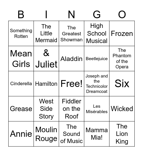 Broadway Musicals Bingo Card