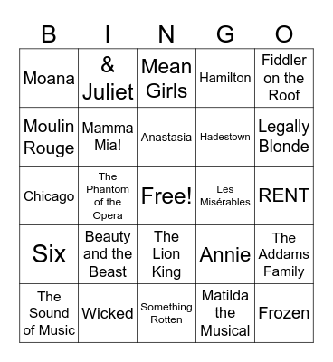 Broadway Musicals Bingo Card