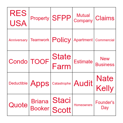 STATE FARM BINGO Card
