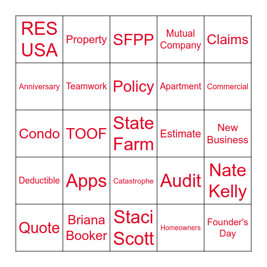 STATE FARM BINGO Card