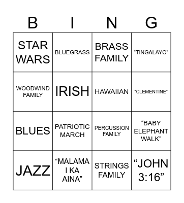 1st Grade Music Bingo Card