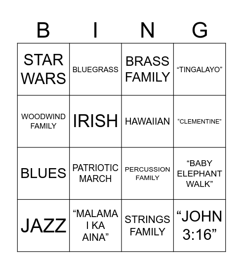 1st Grade Music Bingo Card
