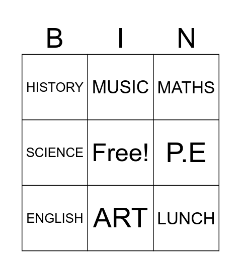 SUBJECTS- BINGO TIME! Bingo Card