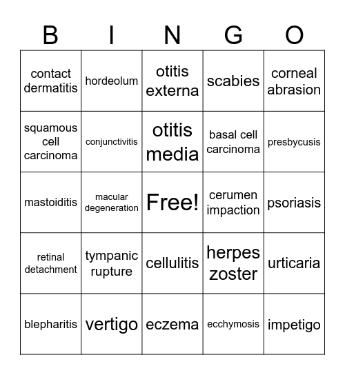 Ears, Eyes & Skin Bingo Card