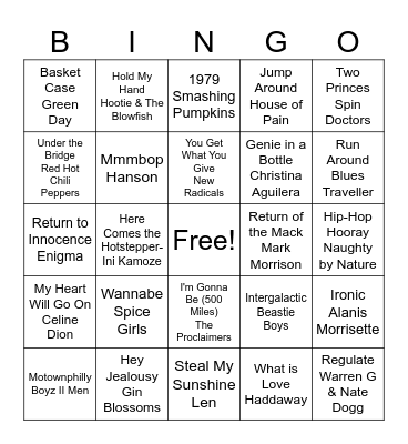 90's Pop Bingo Card