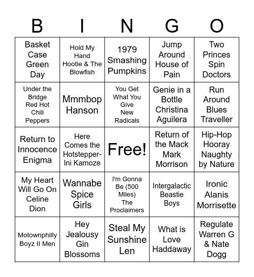 90's Pop Bingo Card