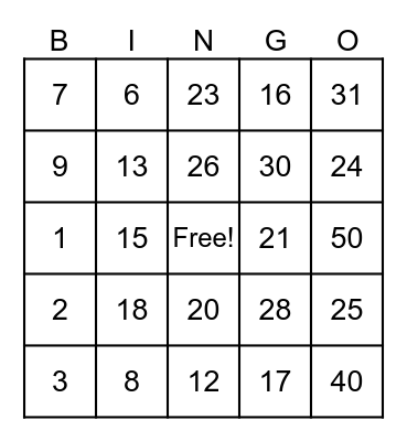 NUMBER BINGO Card
