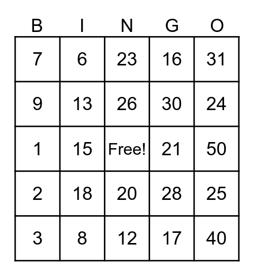 NUMBER BINGO Card