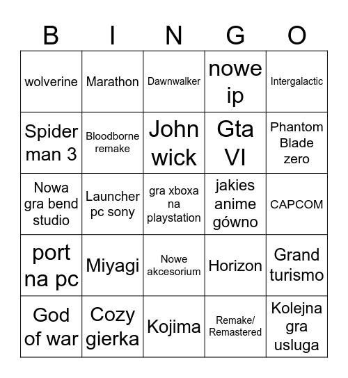Sony State of play czerwiec 2026 Bingo Card