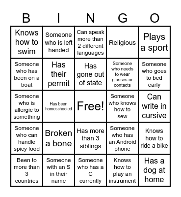 Getting to Know You Bingo Card