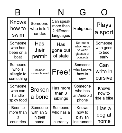 Getting to Know You Bingo Card