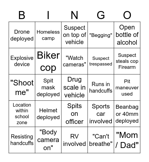 Cop Bingo Card