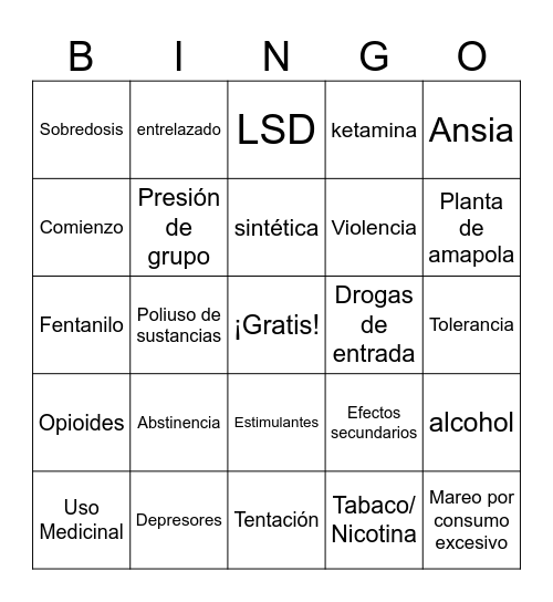 Substance Use Group Bingo Card