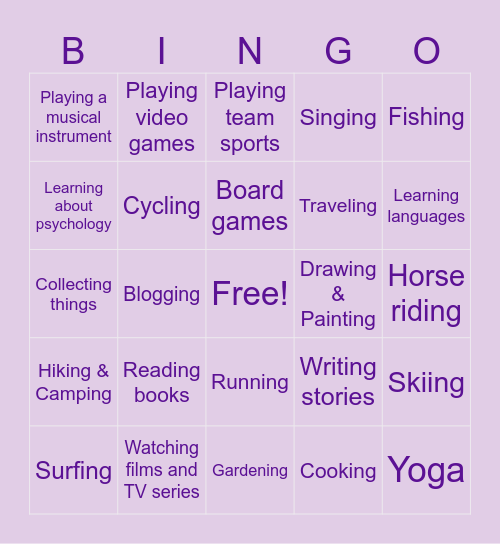 Hobbies and Interests Bingo Card