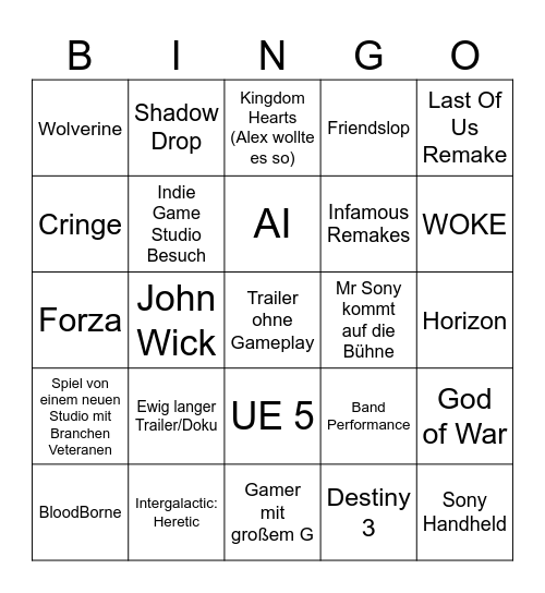 Sony Bony Bingo Card