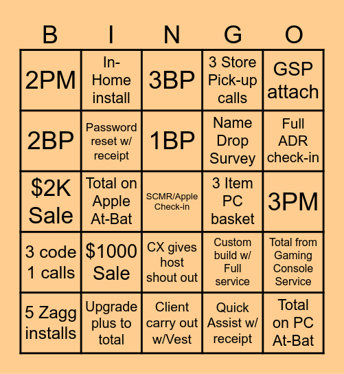 Geek Squad Bingo Card