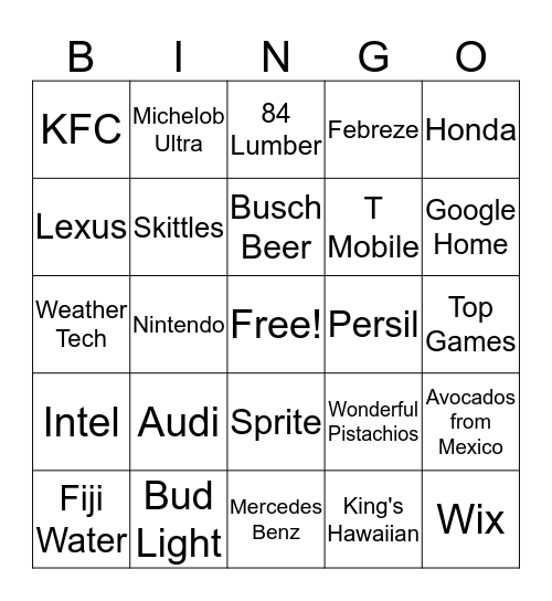 Super Bowl LI Commercial Bingo  Bingo Card