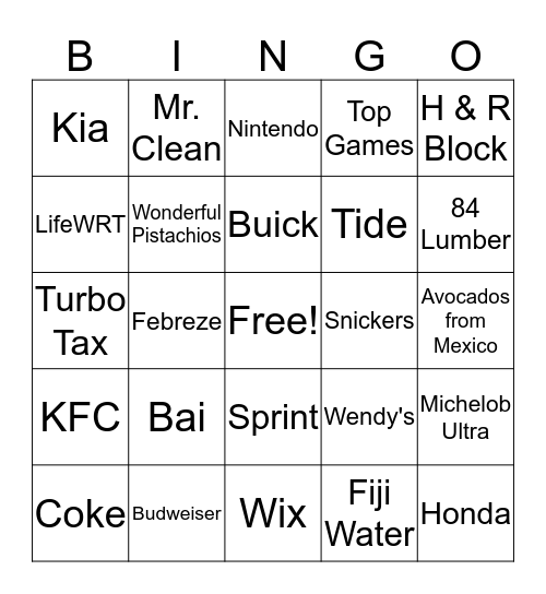 Super Bowl LI Commercial Bingo  Bingo Card