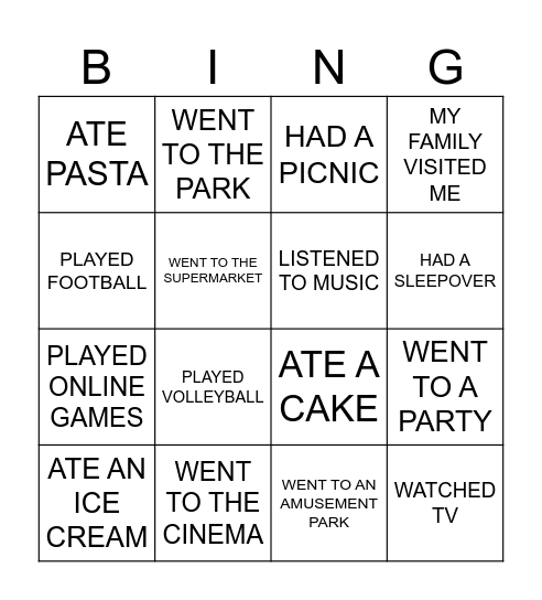 Weekend Fun Bingo Card