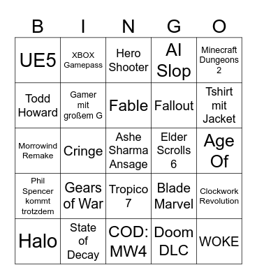 Xbox Showcase Bingo Card
