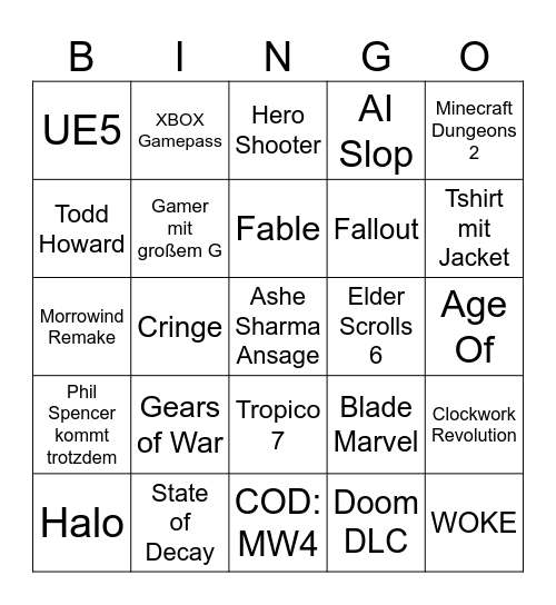 Xbox Showcase Bingo Card