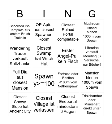 Minecraft Bingo Card