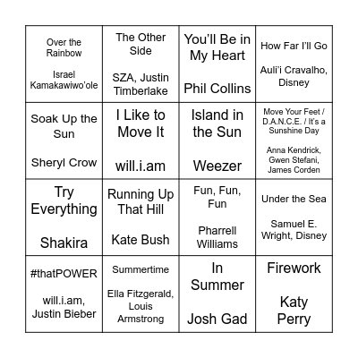 Summer Playlist Bingo Card