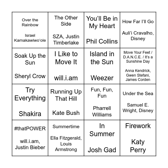 Summer Playlist Bingo Card