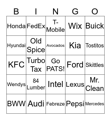 Superbowl 51 - Commerical Bingo Card