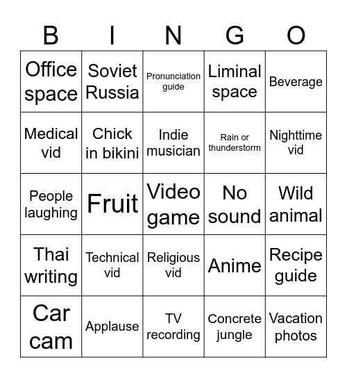 Obscure Videos Bingo #2 Bingo Card