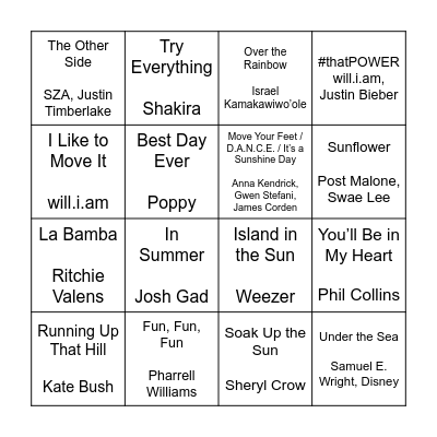 Summer Playlist Bingo Card