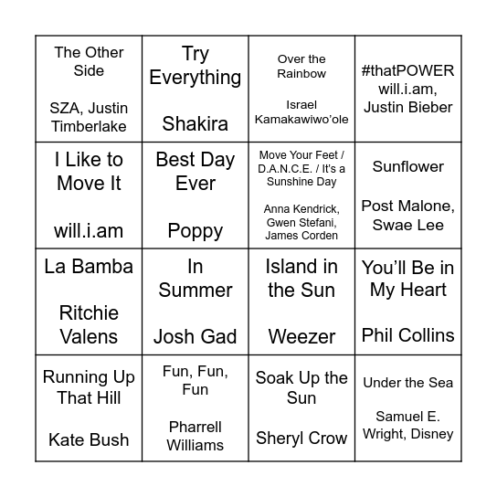 Summer Playlist Bingo Card