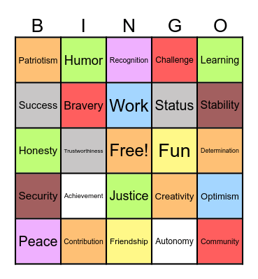 Values Bingo Card