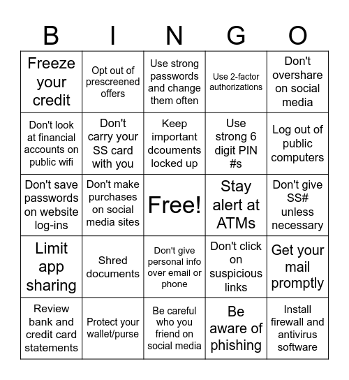 Ways to Protect Your Identity! Bingo Card