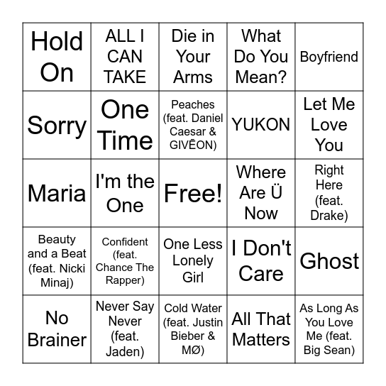 Justin Bieber Music Bingo Card